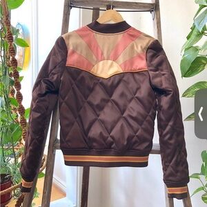 Stylish Brown Bomber Jacket with Pink and Tan Design